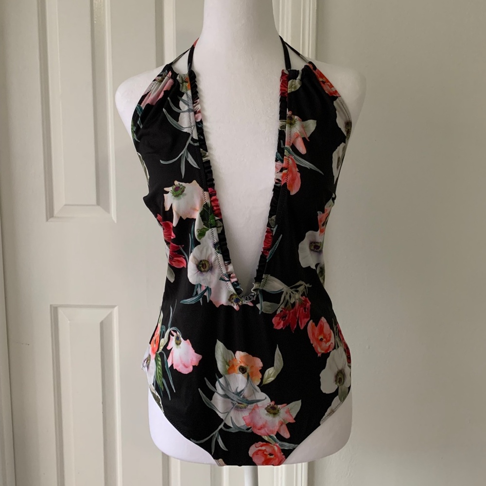 H&M Floral Swimsuit One-piece Bathing Suit Low Cut Halter Cheeky Flower Print 10